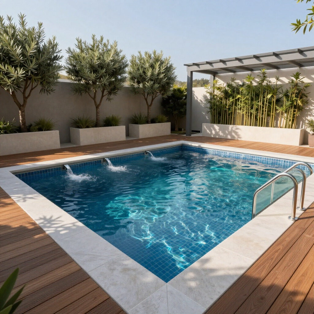 Modern backyard pool with blue water, wooden deck, white stone edge, and potted trees under a pergola