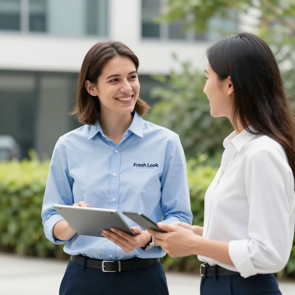 Two coworkers talking outdoors, one holding a tablet and the other smiling in a blue shirt