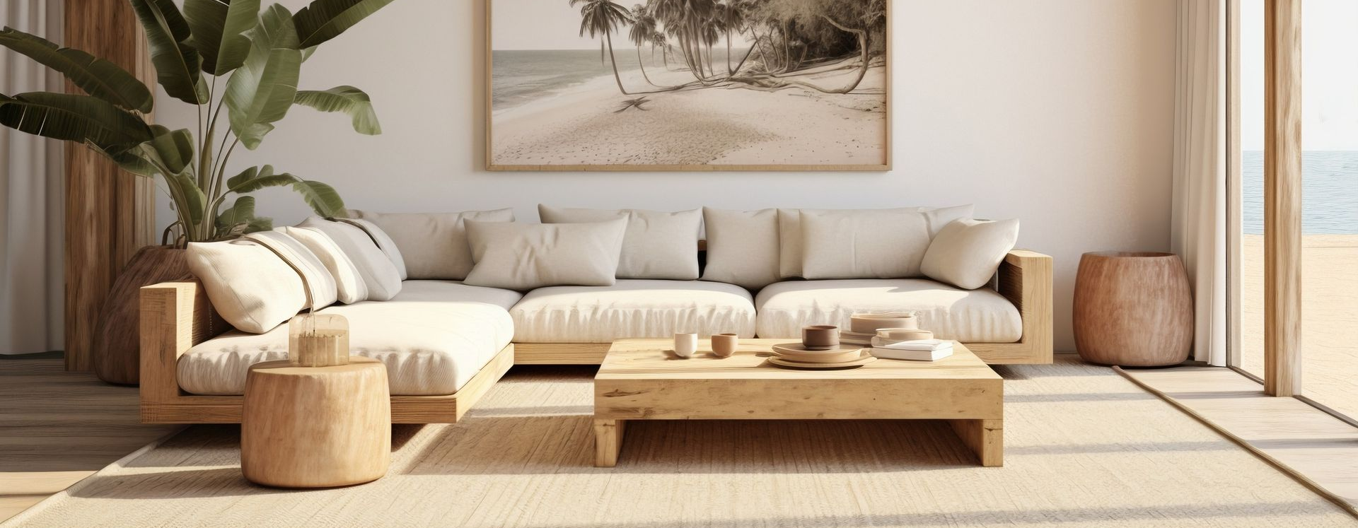 Modern living room with a beige sectional sofa, wood coffee table, and large potted plant in a bright, coastal setting.