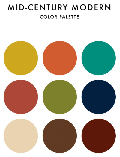Mid-century modern color palette with nine circular swatches in mustard, orange, teal, rust, olive, navy, cream, brown, and maroon
