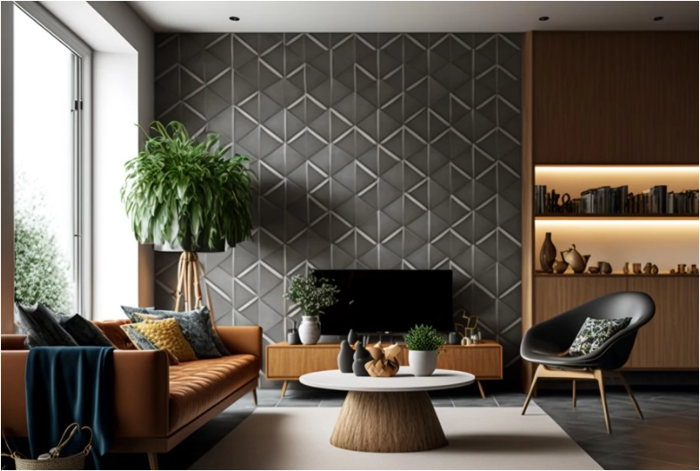 Modern living room with geometric accent wall, leather sofa, round coffee table, chair, and indoor plants