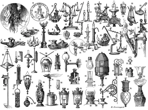 Assorted black-and-white antique scientific instruments and mechanical devices arranged on a white background