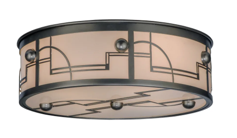 Round beige flush-mount ceiling light with black geometric trim and small clear glass accents