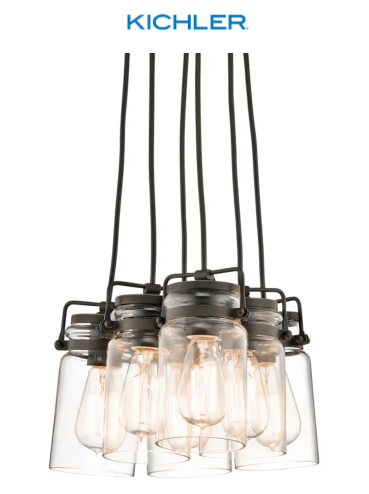 Modern black pendant light with multiple clear glass shades and exposed bulbs on white background
