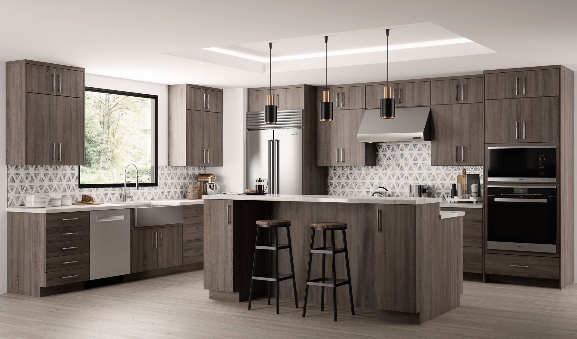 Modern kitchen with dark wood cabinets, white countertops, island, stools, and stainless steel appliances