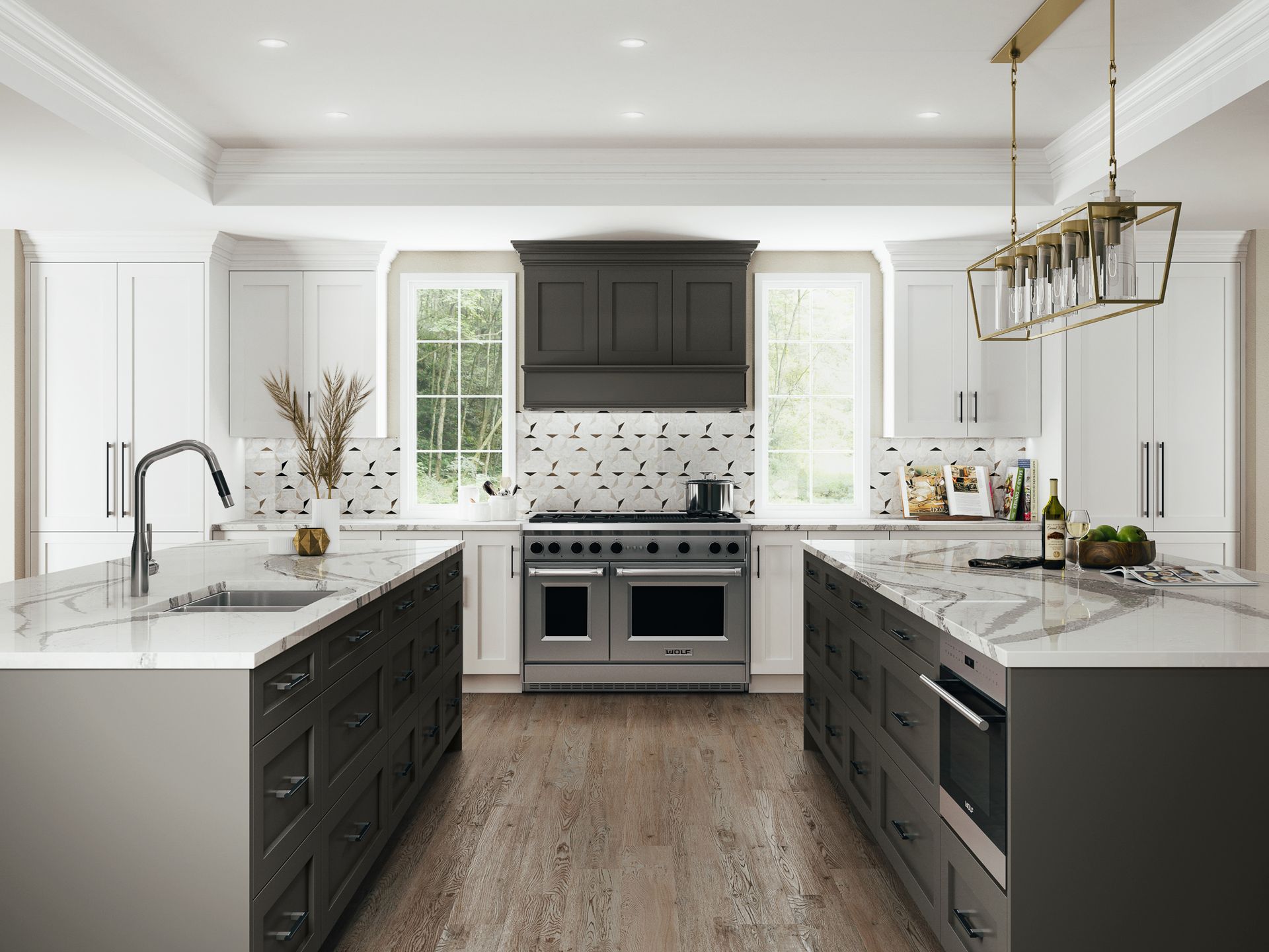 Bright modern kitchen with dark cabinetry, white countertops, and a central stove under windows