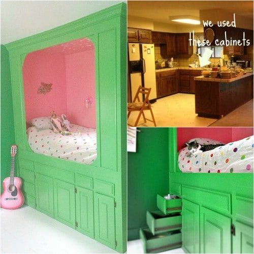 Green built-in bed nook with pink interior and adjacent kitchen cabinet before-and-after collage