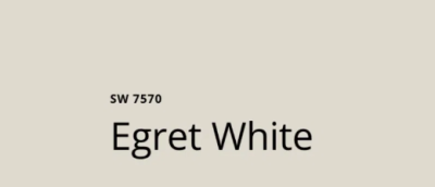 Color swatch labeled “SW 7570 Egret White” on a light beige background