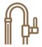 Brown line-art icon of a handheld shower head with hose and wall mount