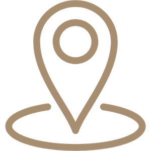 Tan location pin icon in beige on white background