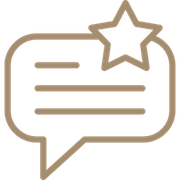 Outlined speech bubble with a star badge and horizontal lines inside, in beige and white.