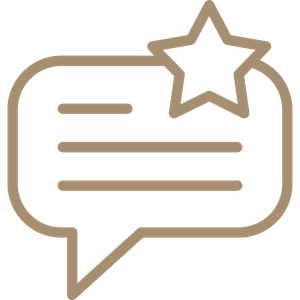 Outlined speech bubble with a star badge and horizontal lines inside, in beige and white.