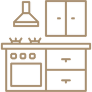Line art of a kitchen with stove, cabinets, range hood, and counters in tan outline on white background