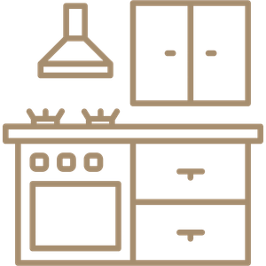 Line art of a kitchen with stove, cabinets, range hood, and counters in tan outline on white background