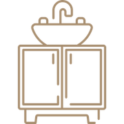 Outline icon of a bathroom sink with cabinet drawers in beige line art
