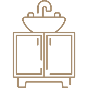 Outline icon of a bathroom sink with cabinet drawers in beige line art