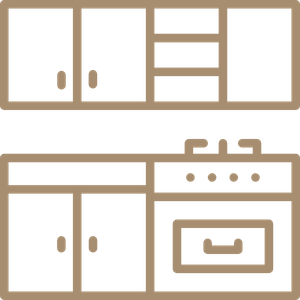 Simple beige kitchen cabinets with stove, oven, and sink icons on a white background
