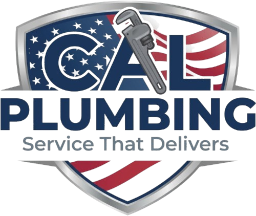 Logo for Cal Plumbing featuring a shield design with an American flag background and a wrench icon.