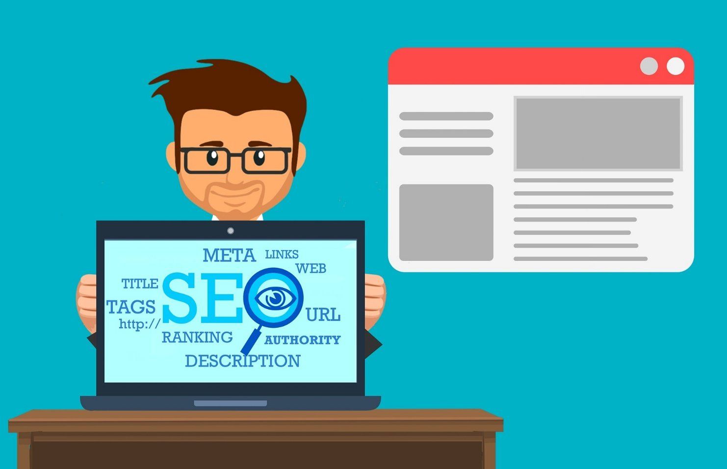 a man is holding a laptop that says seo on it