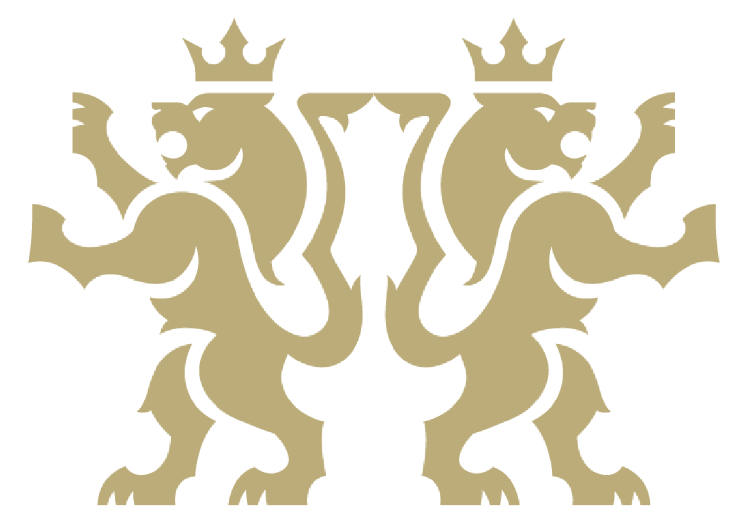 Gold mirrored lions holding crowns on a white background