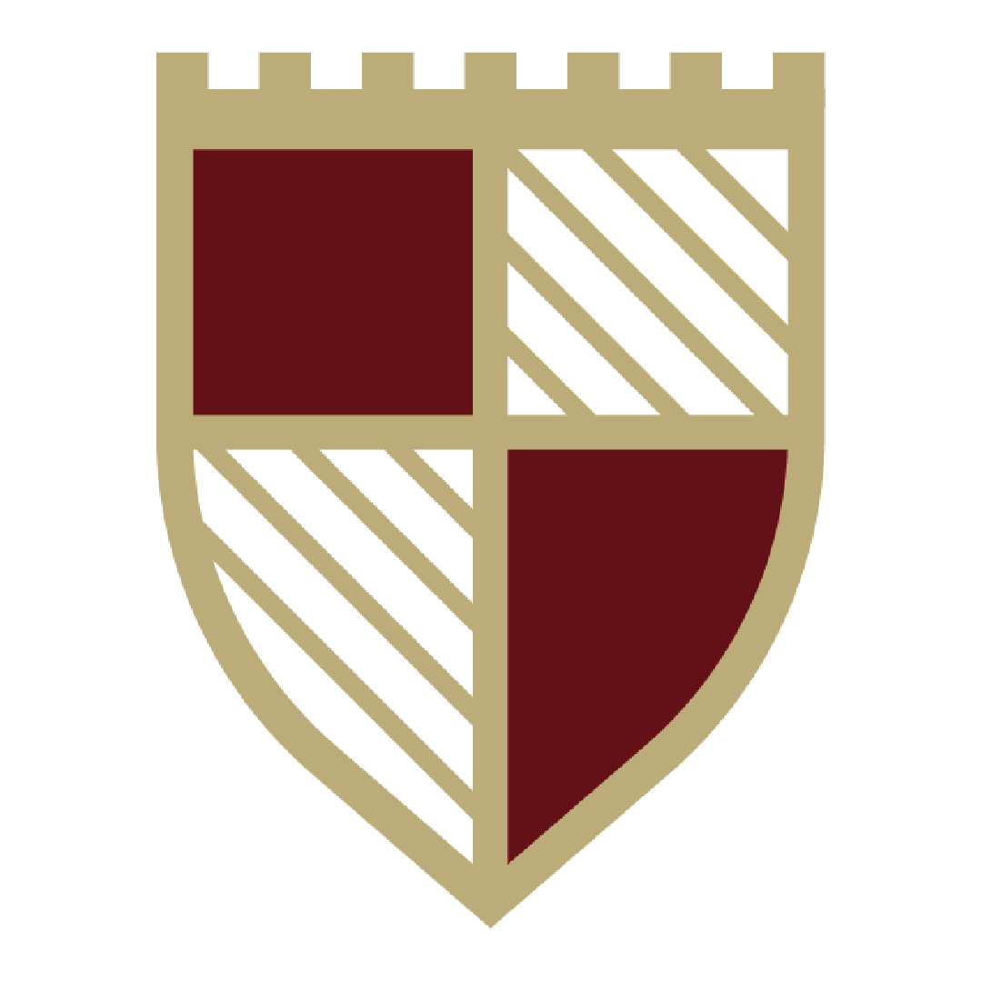 Maroon-and-gold shield emblem with diagonal stripes and quartered panels
