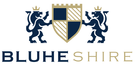 Blueshire logo with two blue lions flanking a gold and navy shield