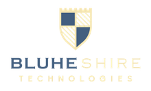 BluheShire Technologies logo with blue and gold shield emblem and text