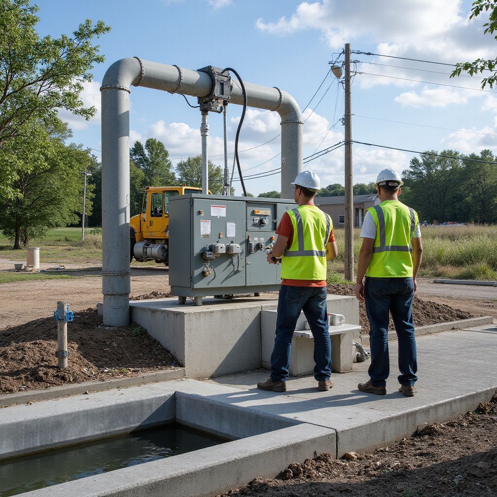 Two workers in safety vests examine electrical equipment near a water channel and large pipe.
