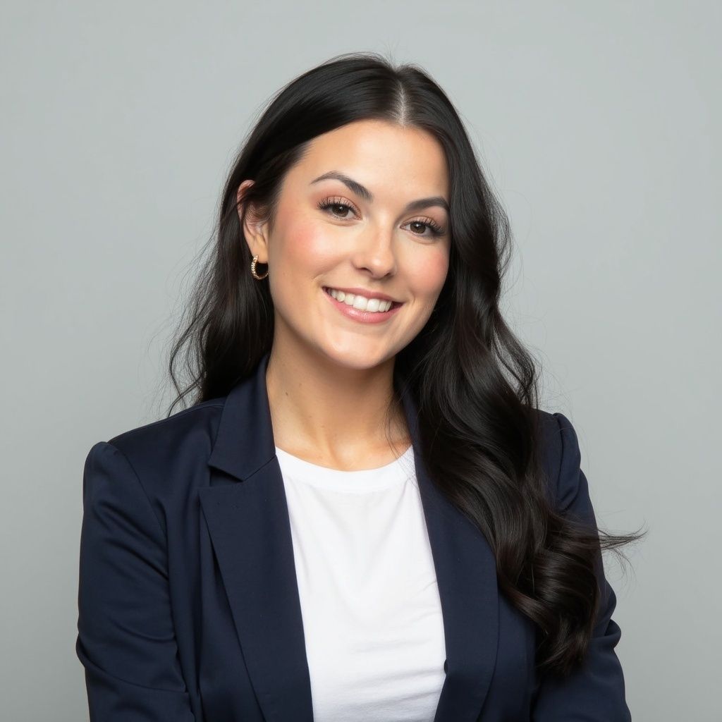 Woman with dark hair smiles, wearing a navy blazer over a white shirt. Gray background.