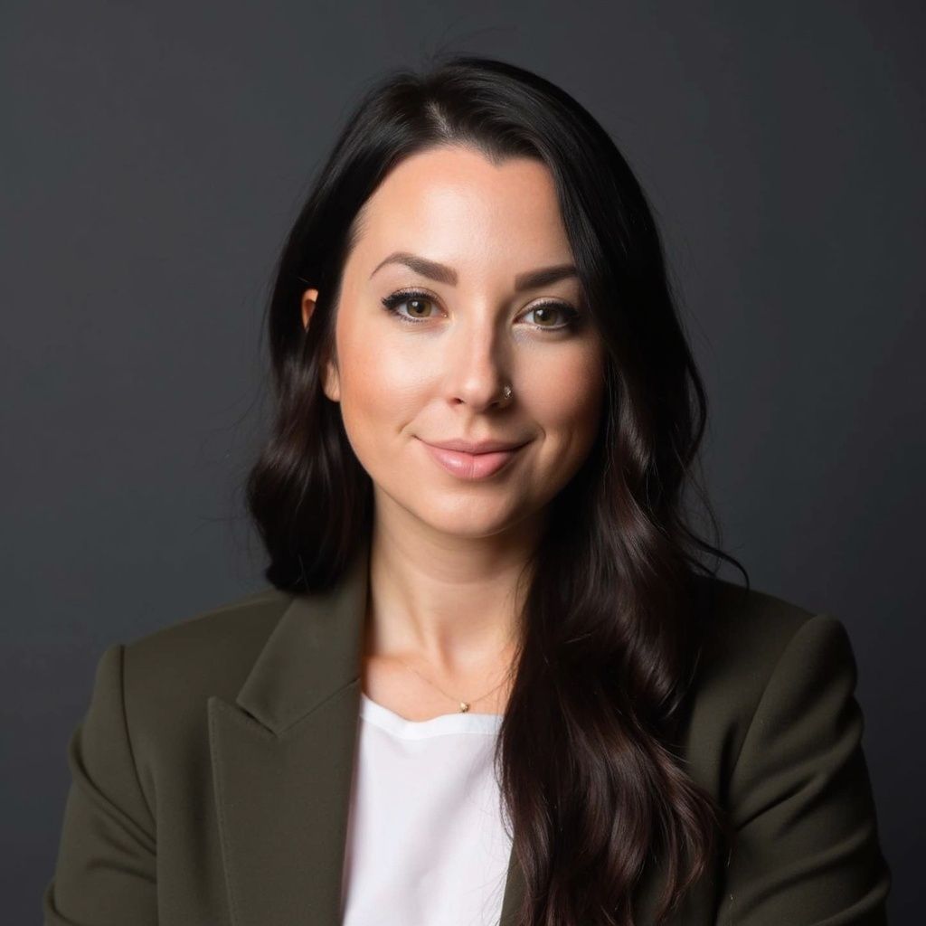 Woman with dark hair, wearing a white shirt and olive green blazer, smiles at the camera against a gray backdrop.