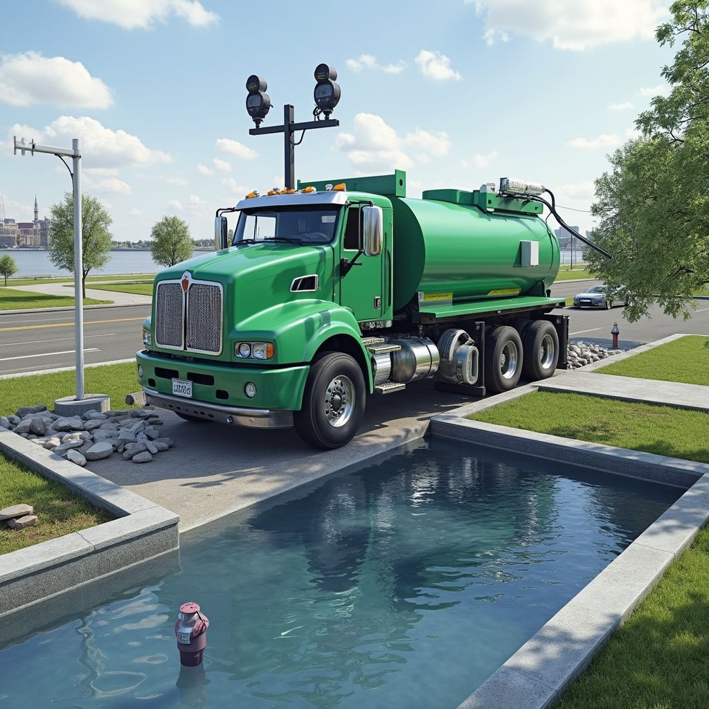 Green septic truck parked next to a reflecting pool. Streetlight, water, trees, and buildings are in the background.