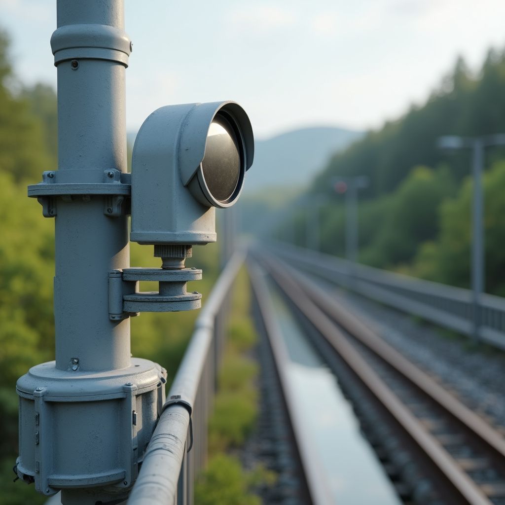 Signal light on a railway post with tracks extending into a blurred forest background.