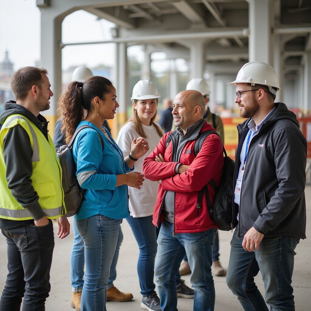 Group of people in hard hats and casual clothes talking near a building structure.