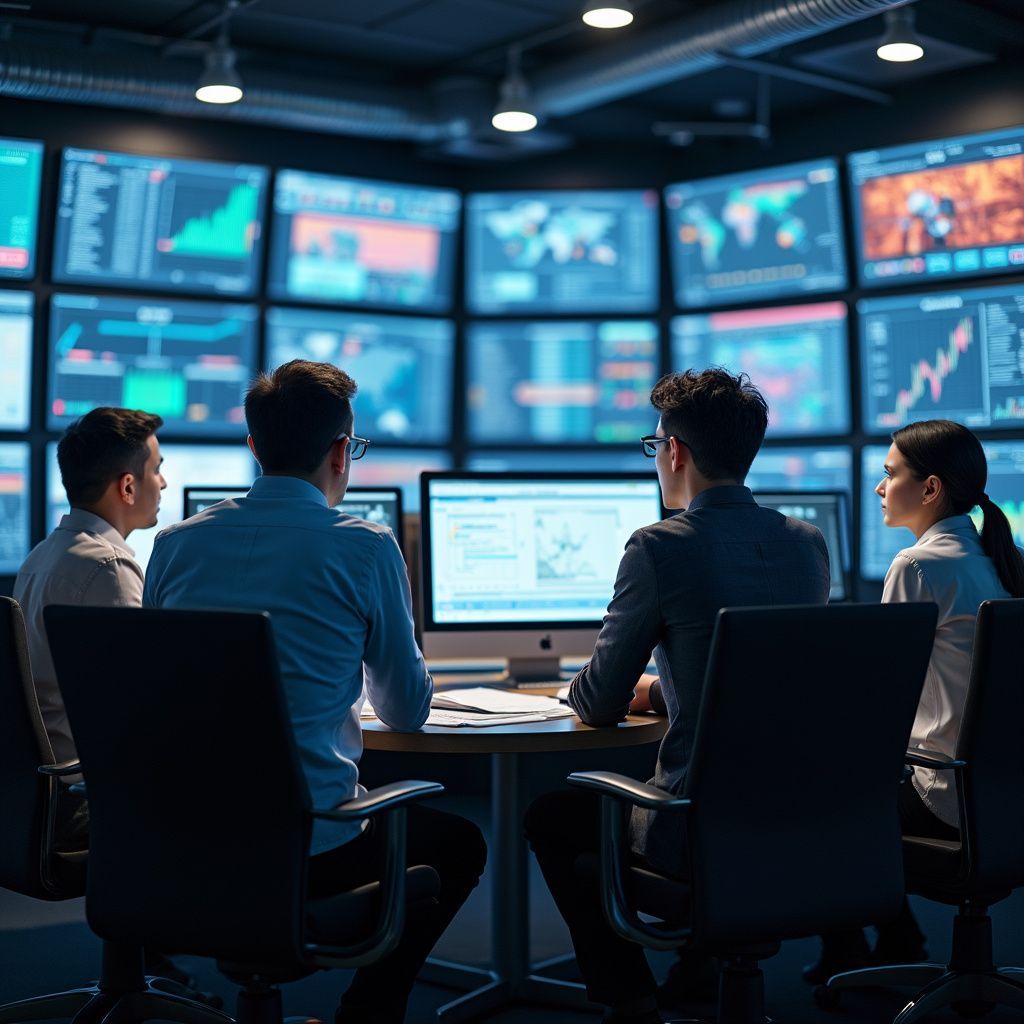 People in a dark room with multiple screens displaying data. They are seated around a table, analyzing information.