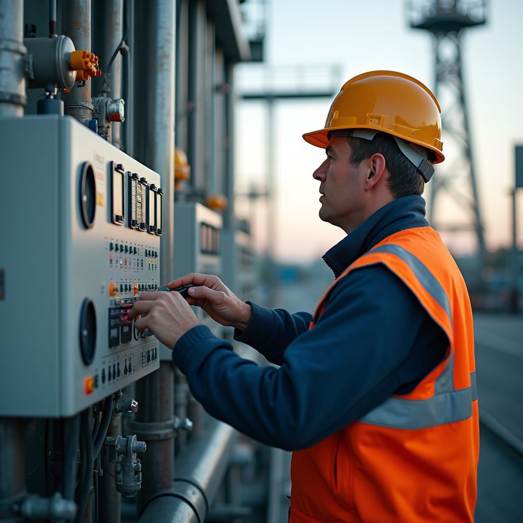 Engineer in hard hat and safety vest adjusts controls on a panel with pipes in the background.