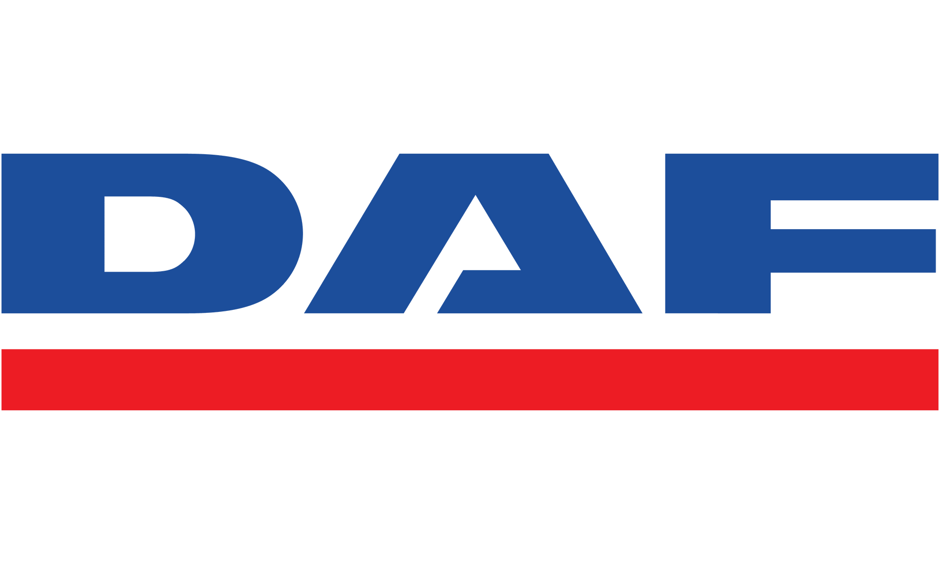 O logotipo azul da DAF apresenta letras maiúsculas em negrito acima de uma linha horizontal vermelha