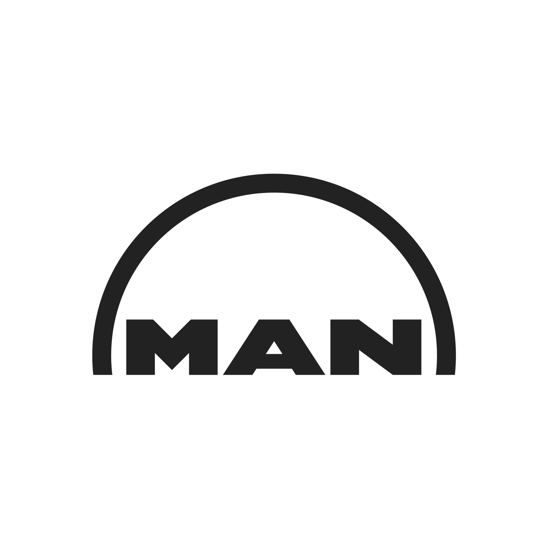 Um logotipo preto com a palavra "MAN" em letras maiúsculas, inscrito em um semicírculo preto sobre um fundo branco.