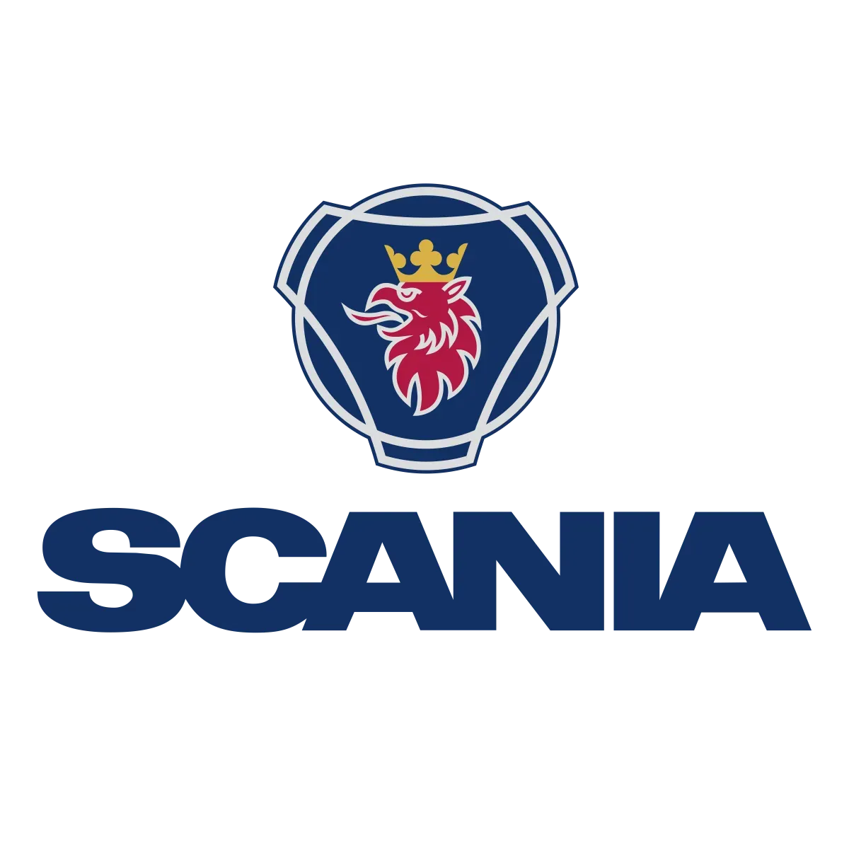 O logotipo azul e branco da Scania apresenta um grifo vermelho com uma coroa amarela.