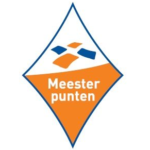 Oranje en blauw ruitvormig logo met de tekst 