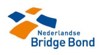 Logo voor Nederlandse Brugbond, met blauwe en oranje geometrische vormen en tekst.