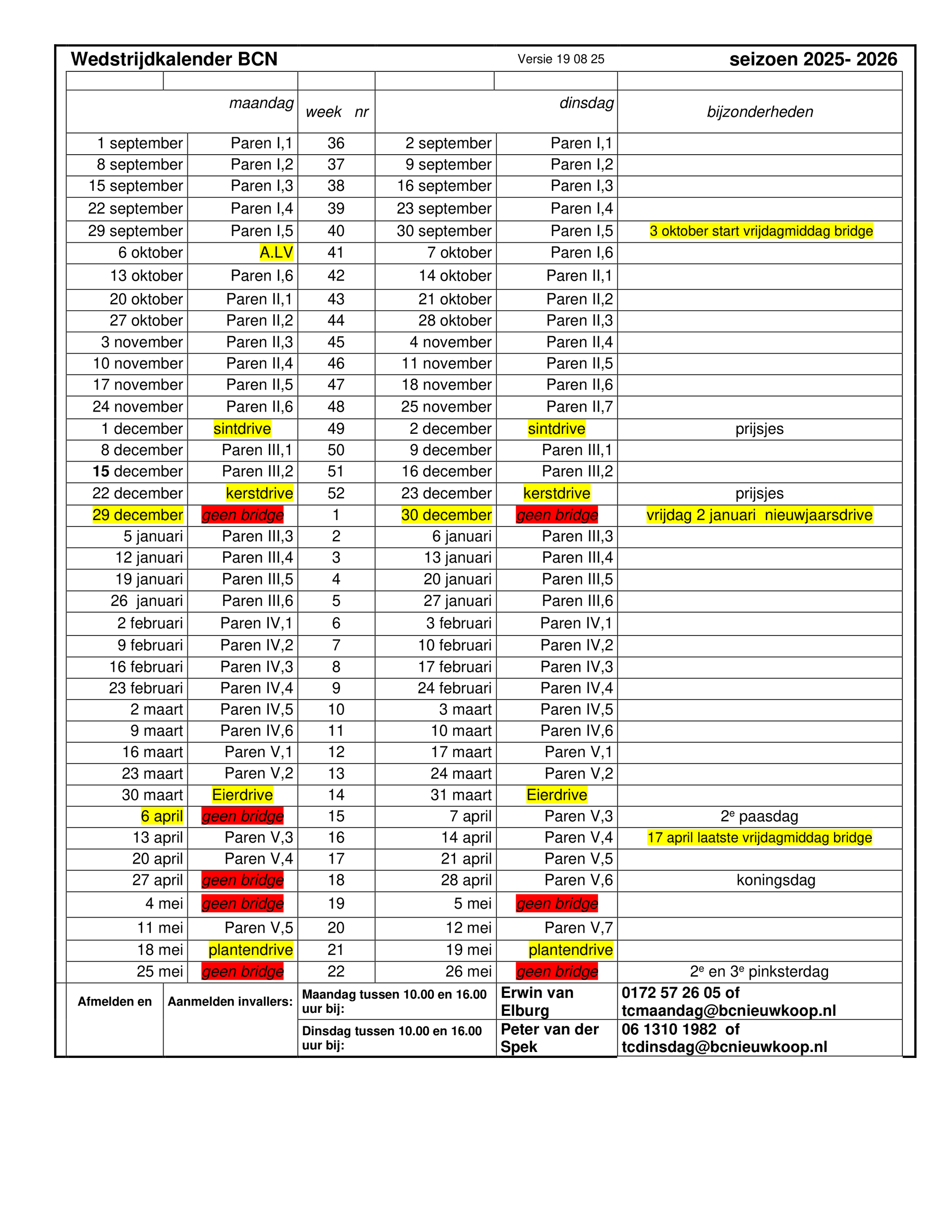 Een tabel met een maandplanning, gemarkeerde cellen die evenementen aangeven, en locatiegegevens.