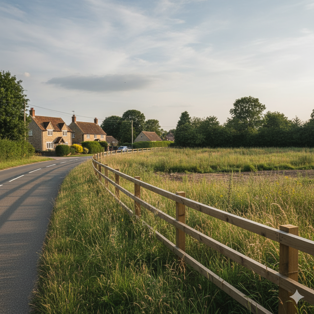 Country road curves past a field with a wooden fence towards stone houses under a cloudy sky.