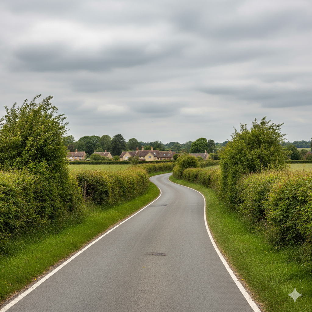 Asphalt road curving left, intersecting a straight road leading to a field. Cloudy sky.