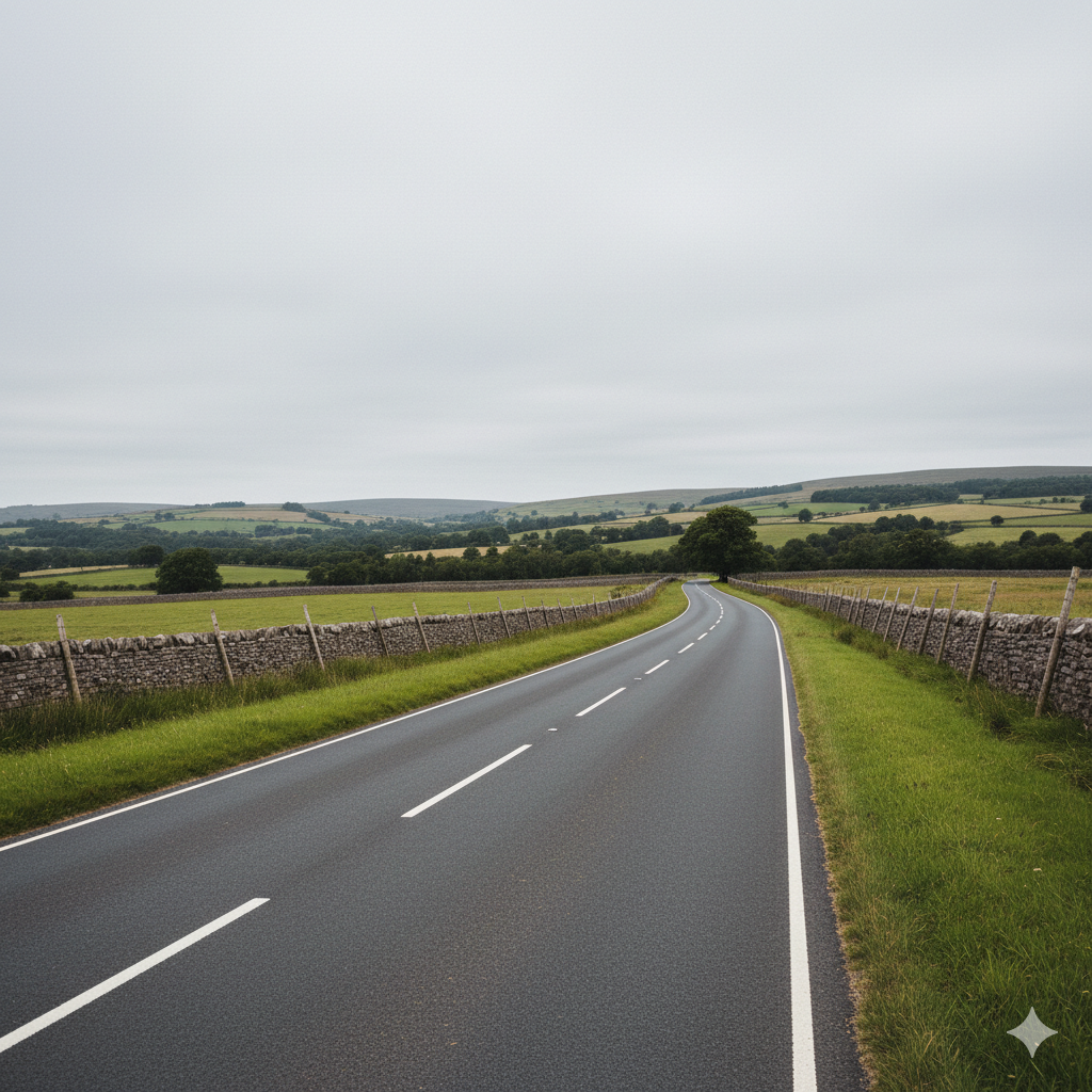 An asphalt road leads through a rural landscape with stone walls on both sides under a cloudy sky.