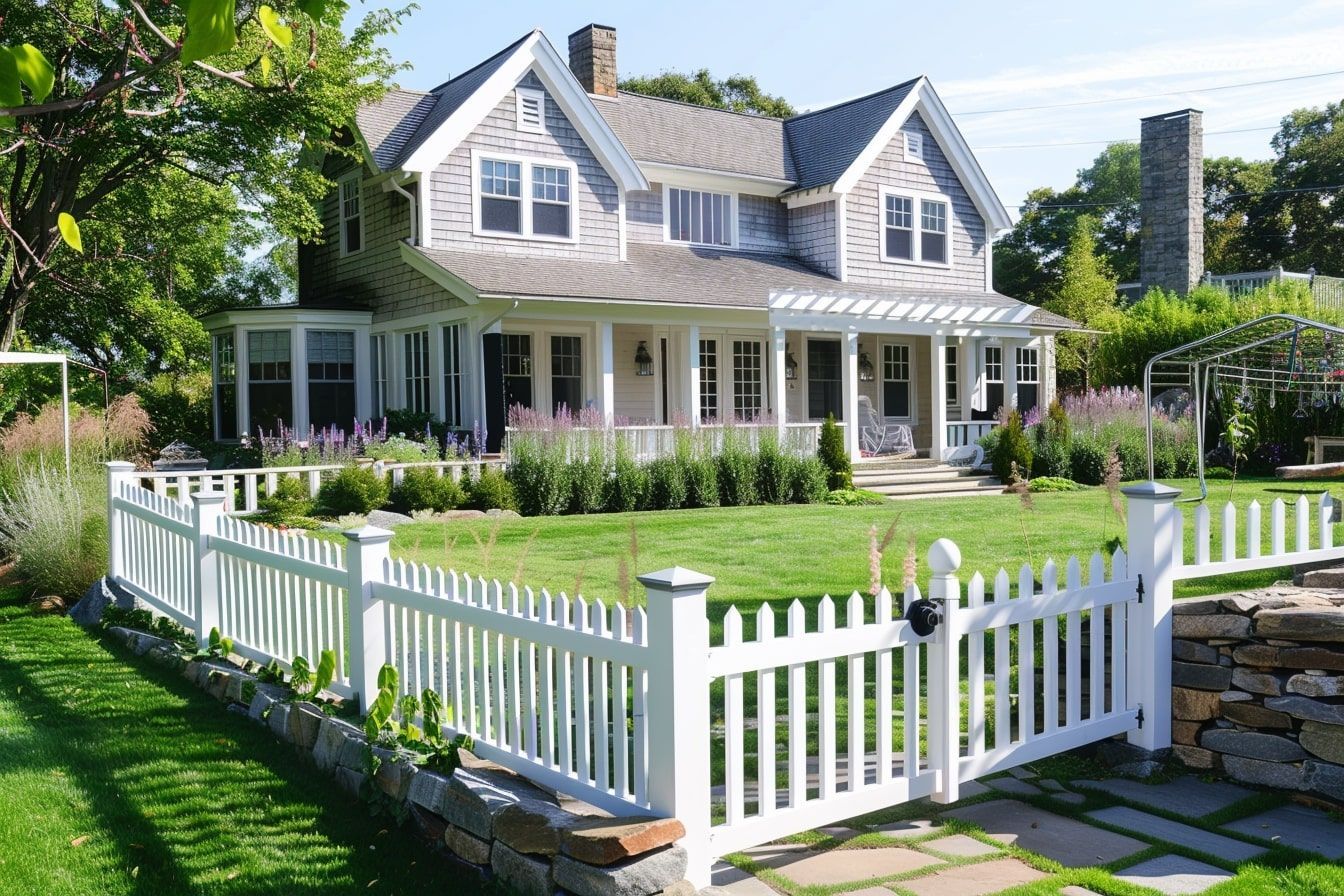 A large house with a white picket fence in front of it.