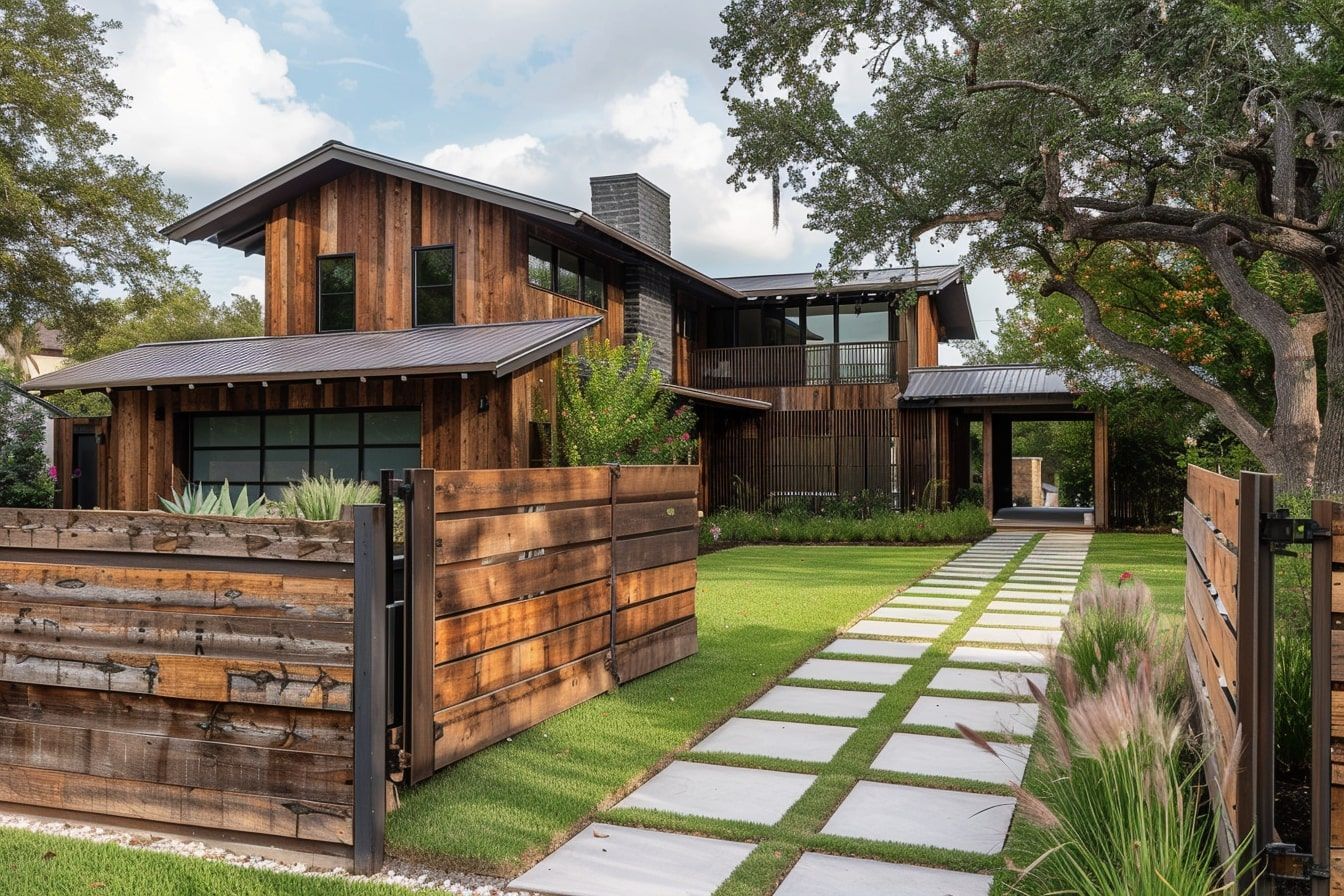 A house with a wooden fence in front of it.