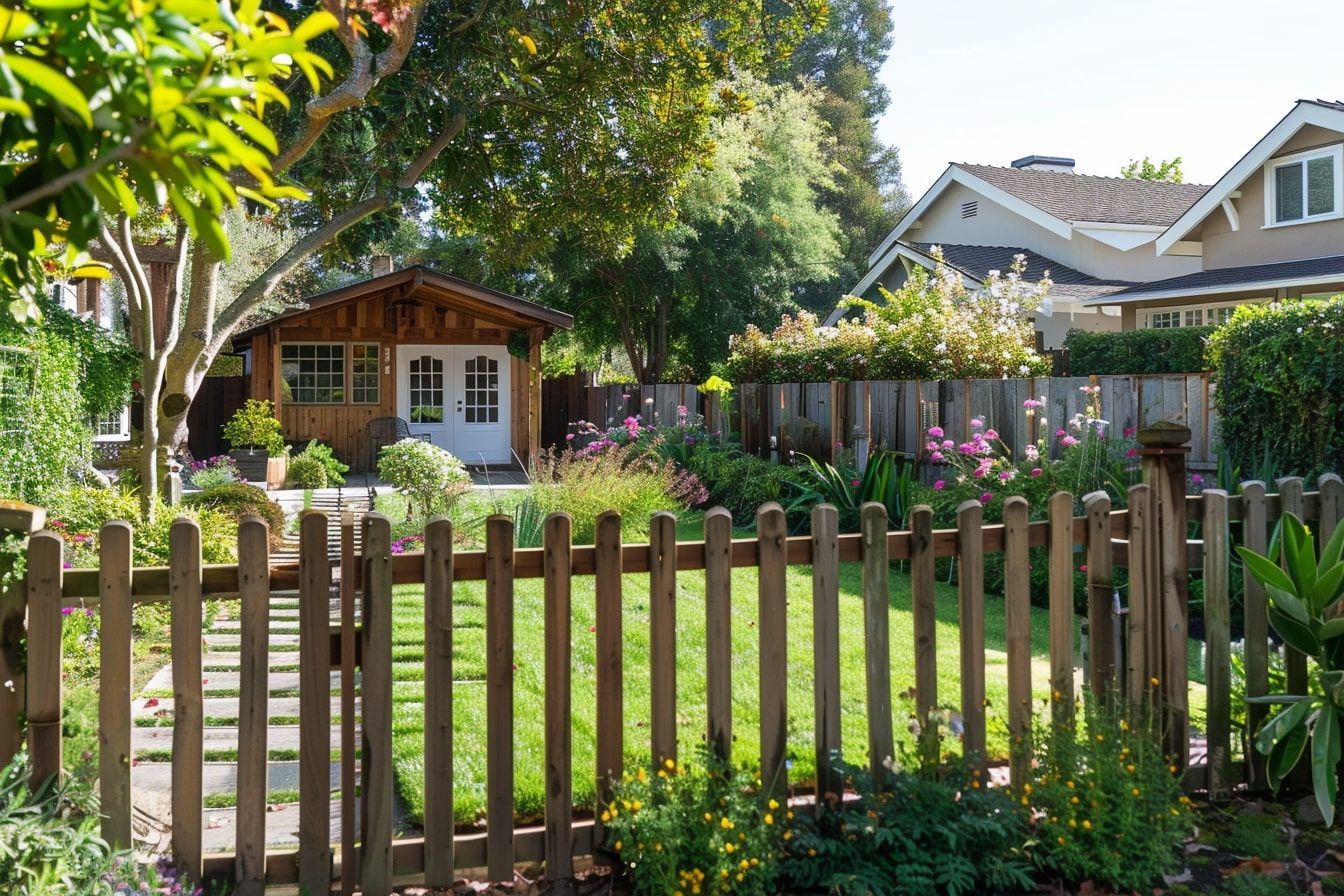 A wooden fence surrounds a lush green yard in front of a house.