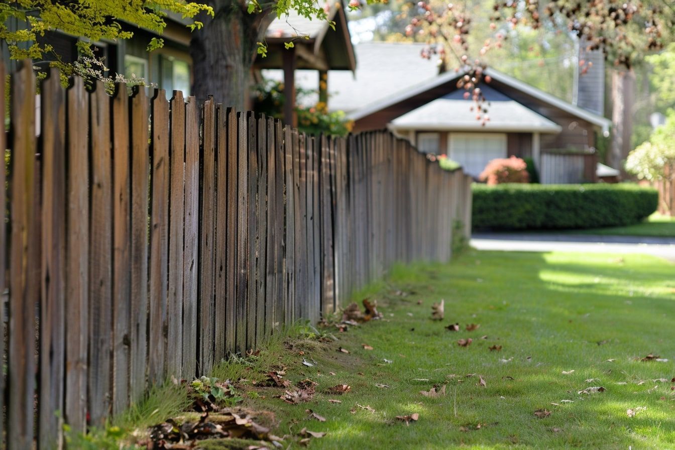 A wooden fence with a house in the background.