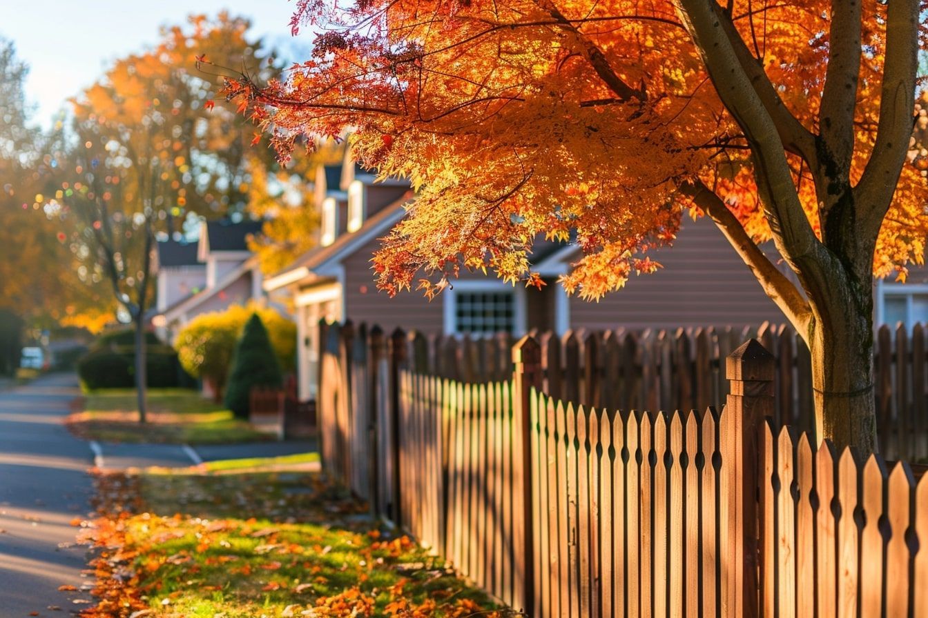 A wooden fence with a tree in the background.