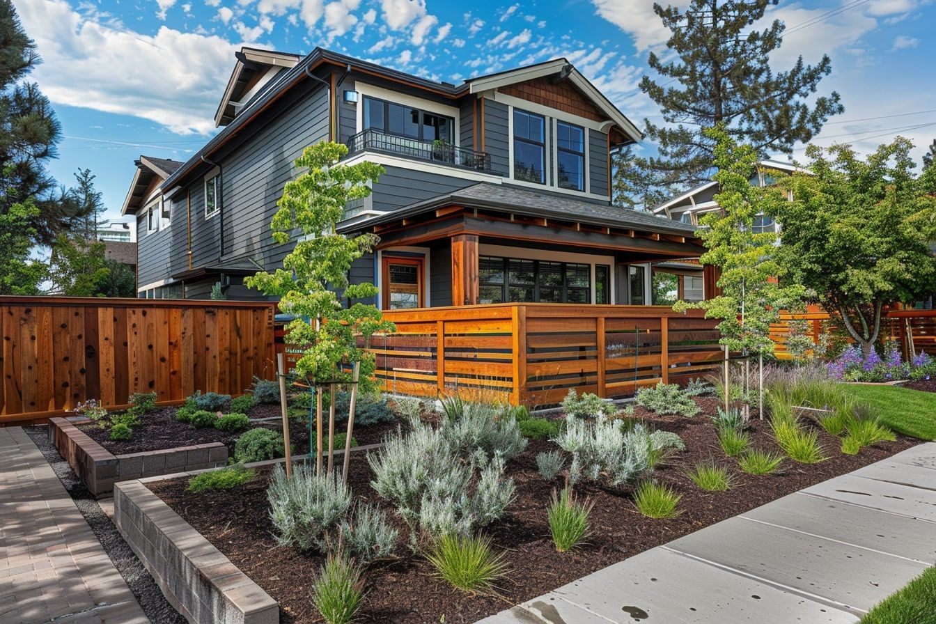 A large house with a wooden fence and a lush green yard.